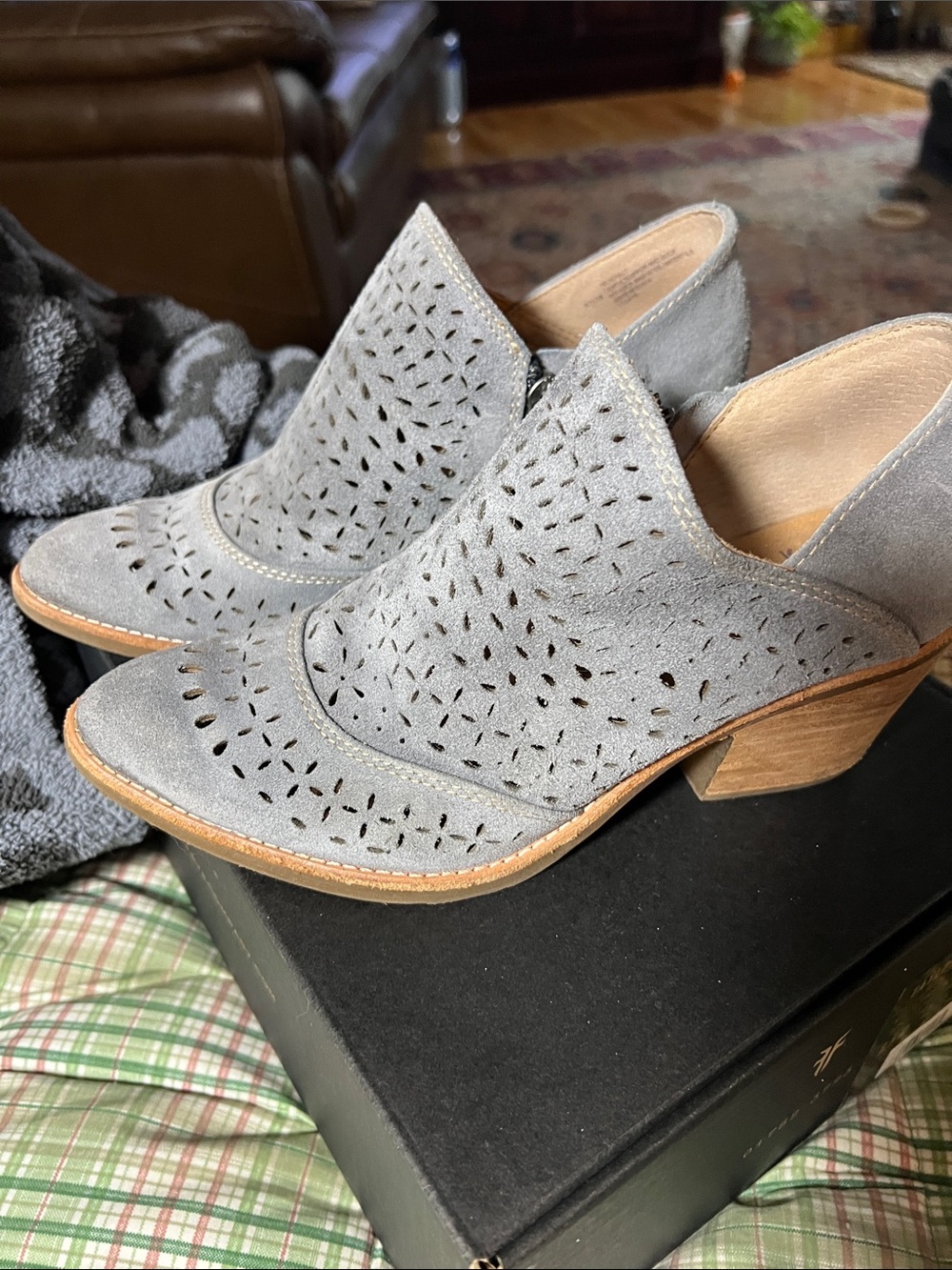 Sofft Gray-blue Suede Laser-Cut Slip-On Mules